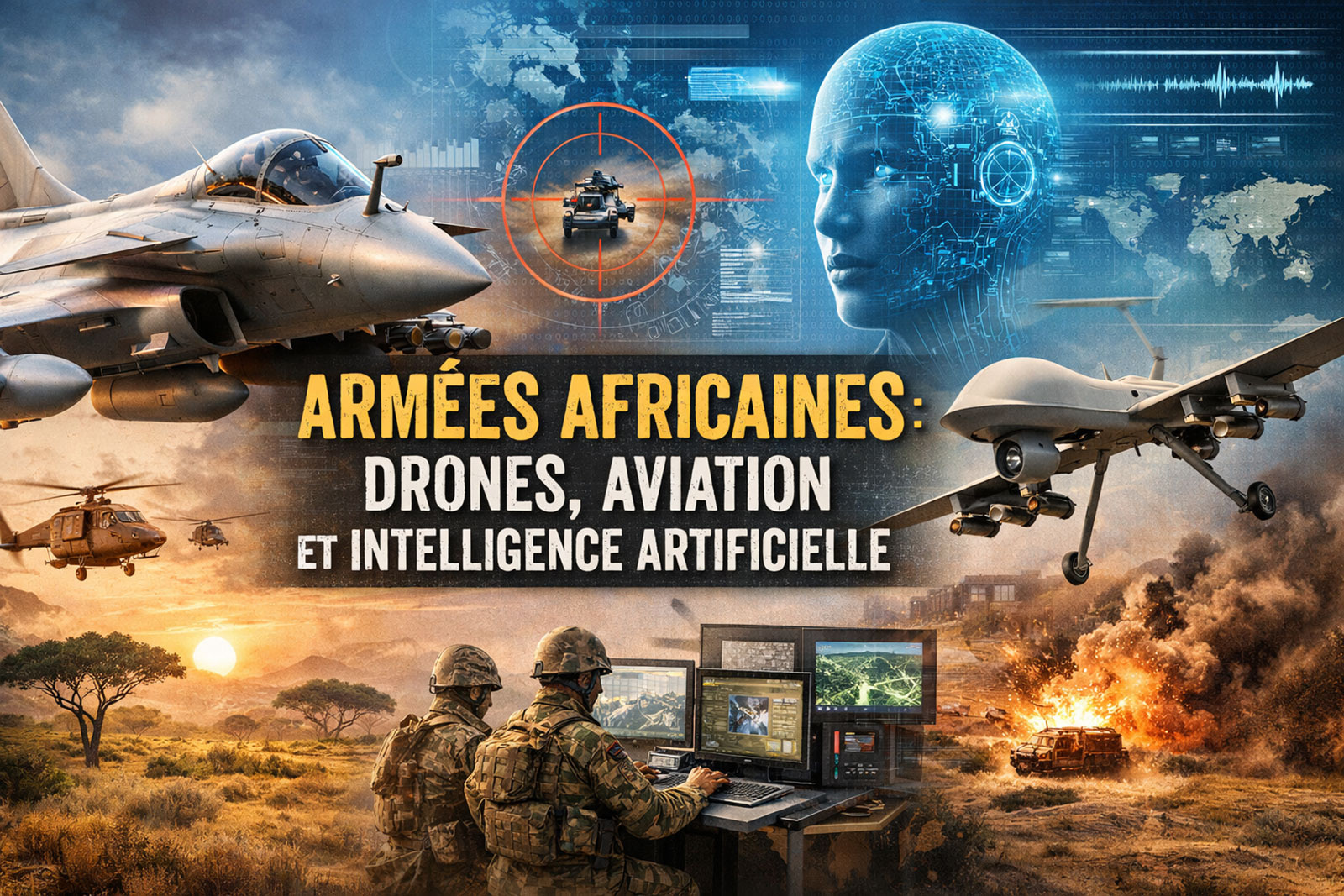 Avion de chasse et drone militaire illustrant la transformation des armées africaines avec l’intelligence artificielle