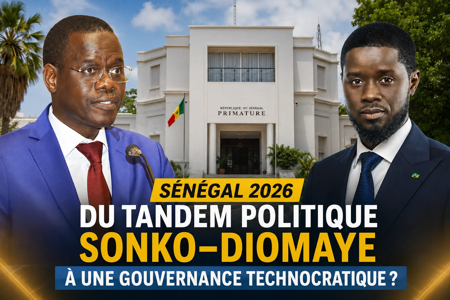 Ahmadou Al Aminou Lô et Bassirou Diomaye Faye devant la Primature du Sénégal dans le contexte de la transition vers une gouvernance technocratique liée à l’Agenda Sénégal 2050.