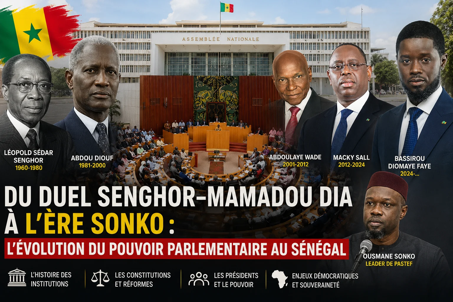Montage éditorial illustrant l’évolution du pouvoir parlementaire au Sénégal avec l’Assemblée nationale, Léopold Sédar Senghor, Abdou Diouf, Abdoulaye Wade, Macky Sall, Bassirou Diomaye Faye et Ousmane Sonko.