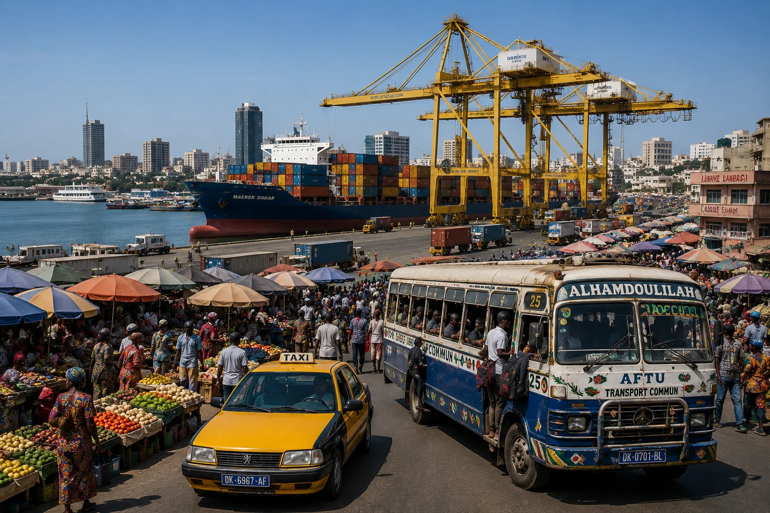 Port de Dakar, marché populaire, taxi et car rapide illustrant l’économie réelle sénégalaise dans un contexte de dette publique élevée et de recherche de croissance économique.
